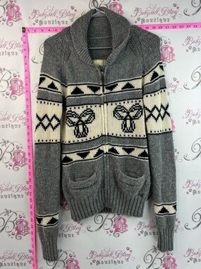 TNA wool sweater zip up knitted Gray and Cream Zip-Up Shawl-Collar Cardigan